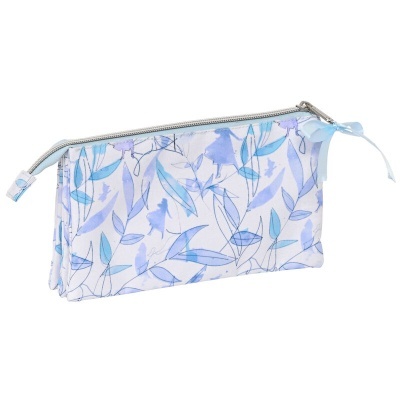 Nécessaire floral azul e branco com fecho de correr cinza