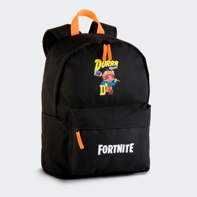 Mochila preta com estampa Fortnite e detalhes em laranja