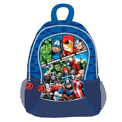 Mochila azul com imagem dos Avengers e símbolo dos Avengers nos fechos