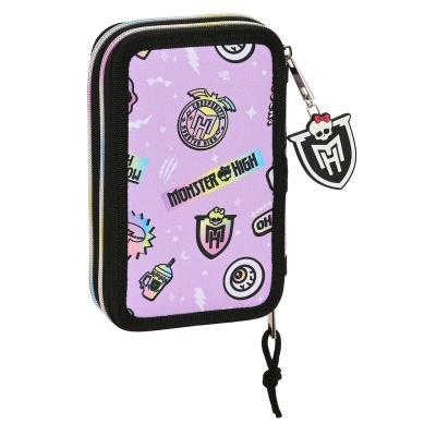 Estojo retangular rosa com padrão Monster High e pendente de escudo com caveira