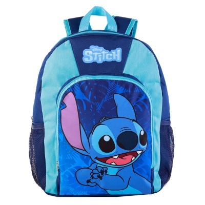 Mochila azul com personagem Stitch e texto Stitch