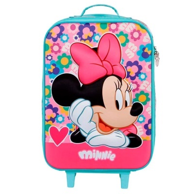 Mala de viagem com estampa Minnie Mouse, cores rosa e azul, com roda e puxador.