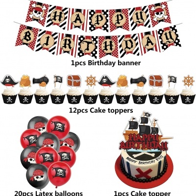 Conjunto de festa de pirata com faixa de aniversário, toppers de cupcake, balões de látex e topo de bolo com navio.