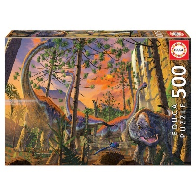 Caixa de puzzle EDUCA 500 peças com imagem de dinossauros em floresta ao pôr do sol