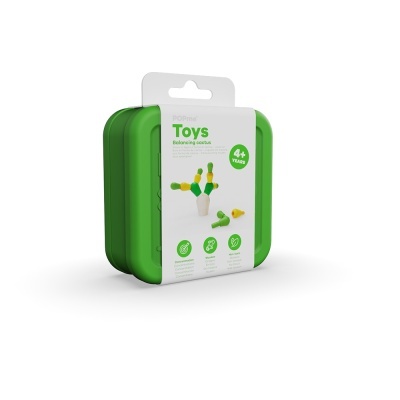 Embalagem verde e branca com brinquedo de cacto em peças coloridas