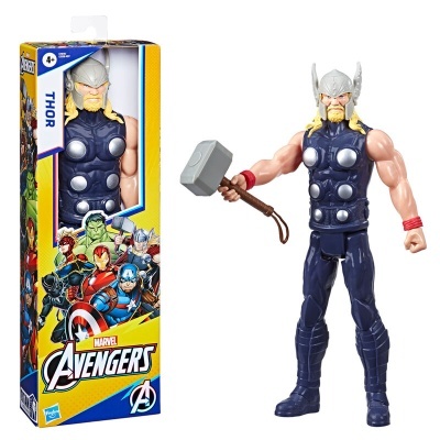 Figura de ação do Thor com martelo em roupa azul e elmo cinzento com embalagem colorida dos Avengers