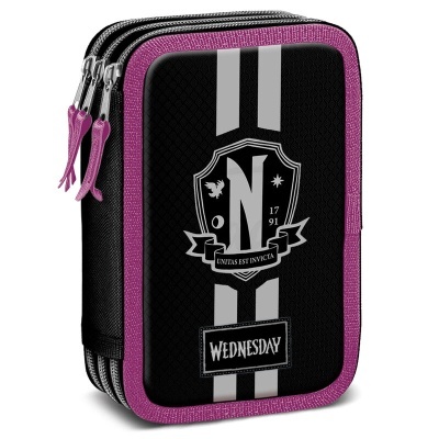 Estojo preto e roxo com brasão e a palavra WEDNESDAY