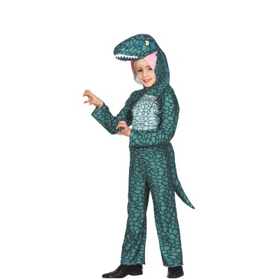 Fato de criança com capuz de dinossauro azul esverdeado com padrão de escamas