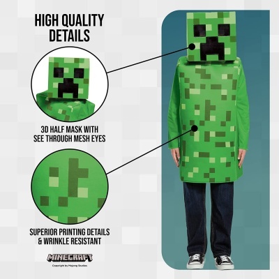 Disfarce Minecraft verde pixelizado com máscara 3D meia face e olhos em malha
