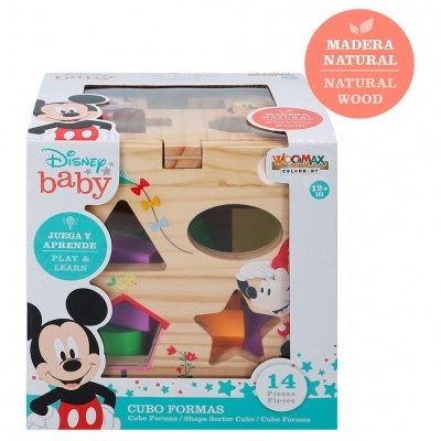 Cubo de formas Disney Baby de madeira natural com personagens Disney e peças coloridas