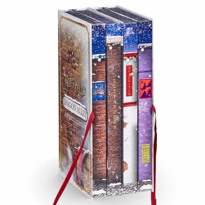 Caixa temática Harry Potter Diagon Alley Advent Calendar com ilustração de paredes de tijolo e neve
