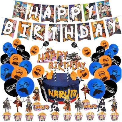 Decoração festa Naruto com balões, bolo azul, cartazes e figuras dos personagens