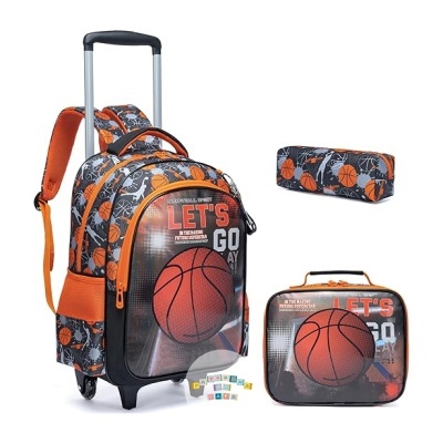 Mochila com rodas, lancheira e estojo com design de basquetebol preto e laranja