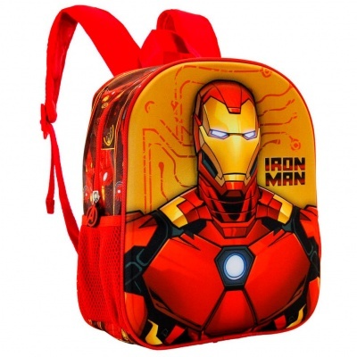 Mochila infantil vermelha e amarela com imagem do Iron Man e texto 'IRON MAN'