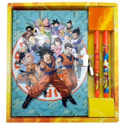 Conjunto de papelaria Dragon Ball com caderno e canetas coloridas em caixa amarela