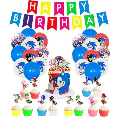 Decoração de aniversário Sonic com balões, bolo e cupcakes com figuras de personagens