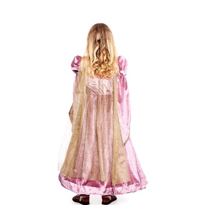 Vestido de princesa infantil rosa com capa dourada vista de costas