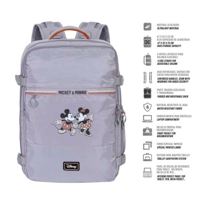 mochila cinzenta com personagens Mickey e Minnie e características do produto em texto