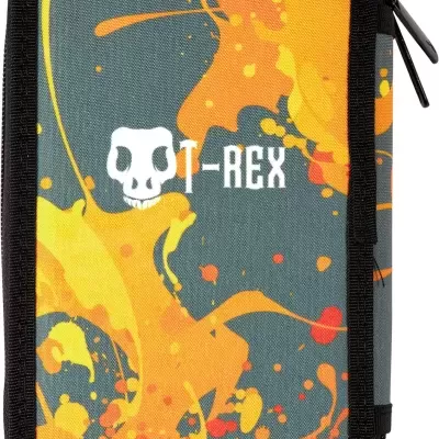 Estojo cinza com estampado laranja e amarelo e texto T-REX