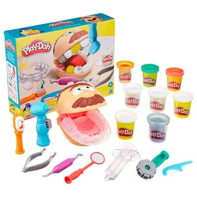 Conjunto de jogo Play-Doh com cabeça de dentista, ferramentas e potes de massa colorida