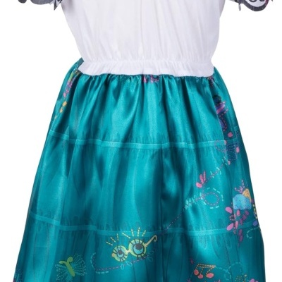 Vestido infantil branco e verde com estampados coloridos e gola bordada