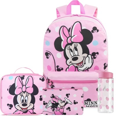 Mochila e acessórios cor-de-rosa com estampa da Minnie Mouse.