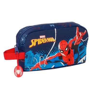 Necessaire azul escura com estampa do Spiderman e alça vermelha