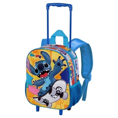Mochila de carrinho azul com personagem Stitch a andar de skate