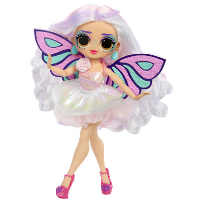 Boneca fada com vestido rosa cintilante e asas cor-de-rosa e verde água