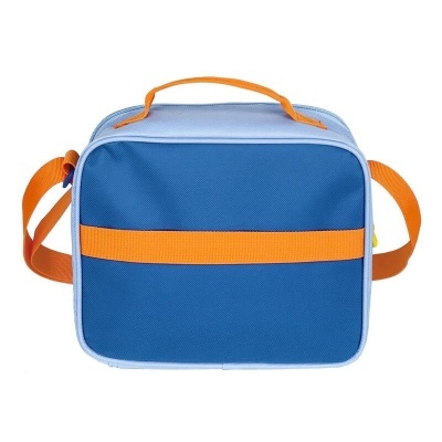Mala térmica azul com detalhes alaranjados e alça de ombro