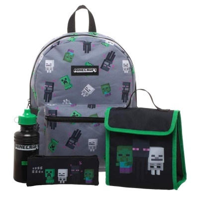 Conjunto mochila cinzenta e acessórios com personagens Minecraft