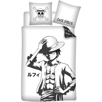 Roupa de cama One Piece com ilustração de Luffy e símbolos do anime em preto e branco