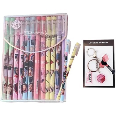 Conjunto de 12 canetas coloridas com estojos e dois porta-chaves BLACKPINK