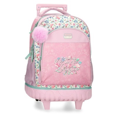 Mochila rosa e floral com carrinho e pompom