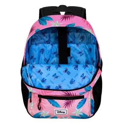 Mochila rosa com estampado de folhas verdes e flores brancas e interior azul com padrão do Stitch