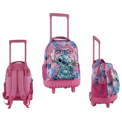 Mochila de rodinhas cor-de-rosa com desenho do Stitch em azul.