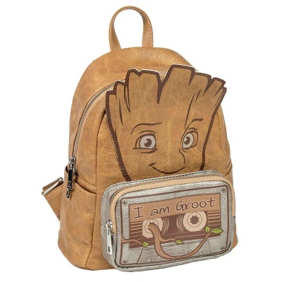 Mochila castanha com estampa de personagem Tronco e bolso frontal com texto 'I am Groot'