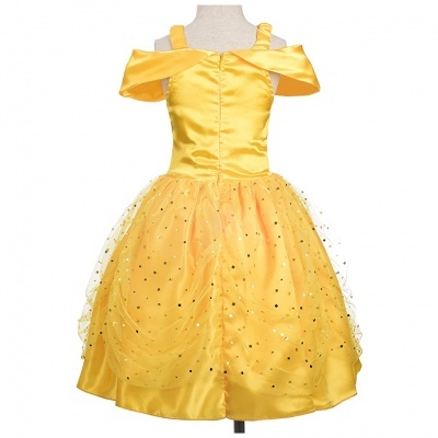 Vestido infantil amarelo com corpete acetinado e saia de tule com brilho