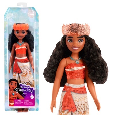 Boneca Disney Princesa Moana com roupa tradicional em embalagem azul