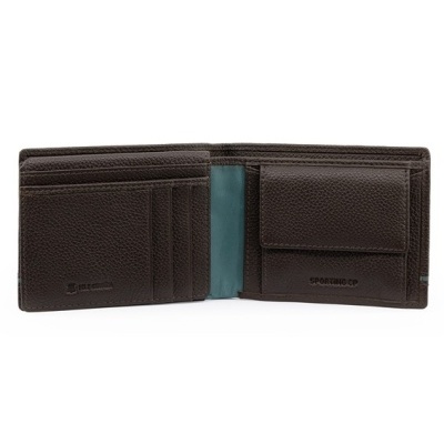 Carteira de pele castanha aberta com vários compartimentos e texto Sporting CP