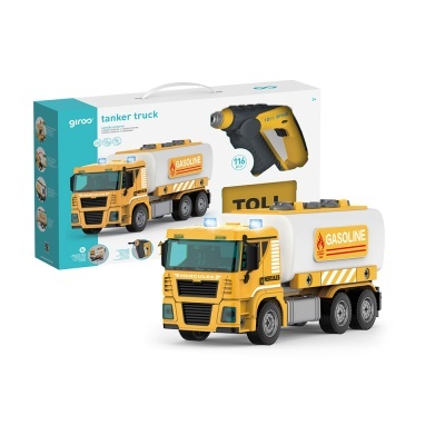 Camião cisterna de brinquedo amarelo com controlo remoto e caixa