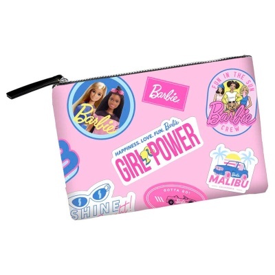 Bolsa rosa com estampados coloridos e texto Barbie GIRL POWER