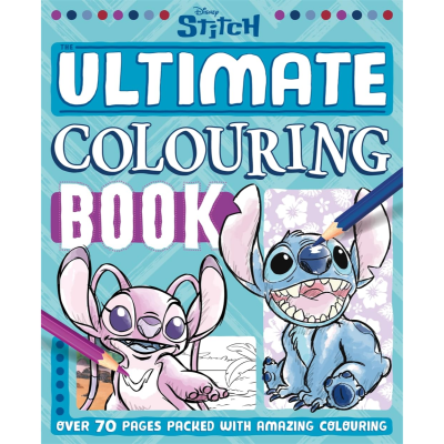 Capa de livro de colorir do Disney Stitch com personagens e texto em azul, rosa e branco