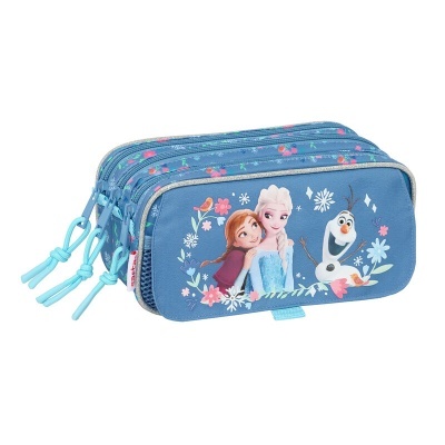 Estojo azul com personagens do filme Frozen e flores coloridas