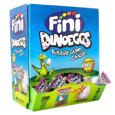 Caixa colorida de pastilhas Fini Dino Eggs Bubble Gum Chicle com dinossauro e ovo riscado