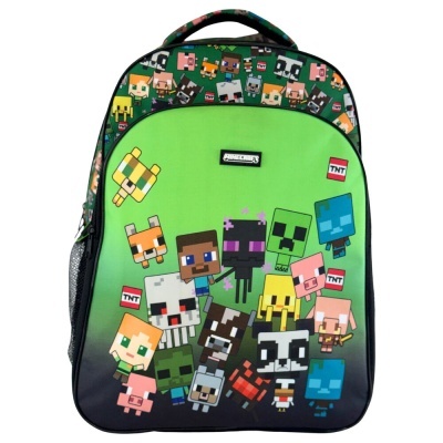 Mochila verde e preta com personagens do Minecraft em estilo pixel art