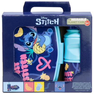 Conjunto lancheira e garrafa reutilizável Disney Stitch azul escuro com estampados coloridos