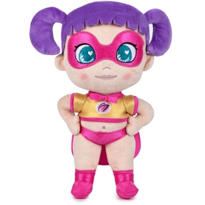Boneca de peluche super-heroína com cabelo roxo e máscara rosa