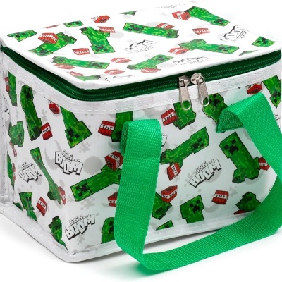 Saco térmico branco com padrão Minecraft e alças verdes