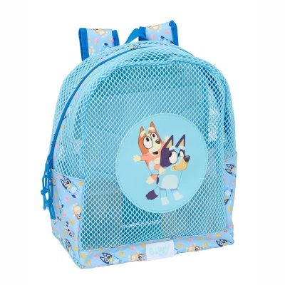 Mochila azul em rede com estampas de personagens de desenhos animados